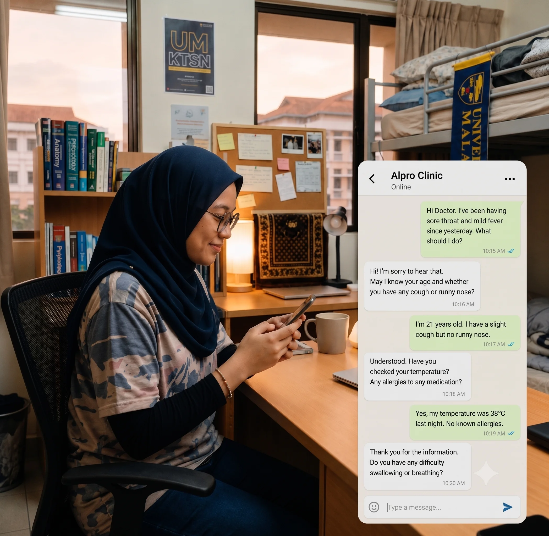 Malaysian student having a telehealth video call