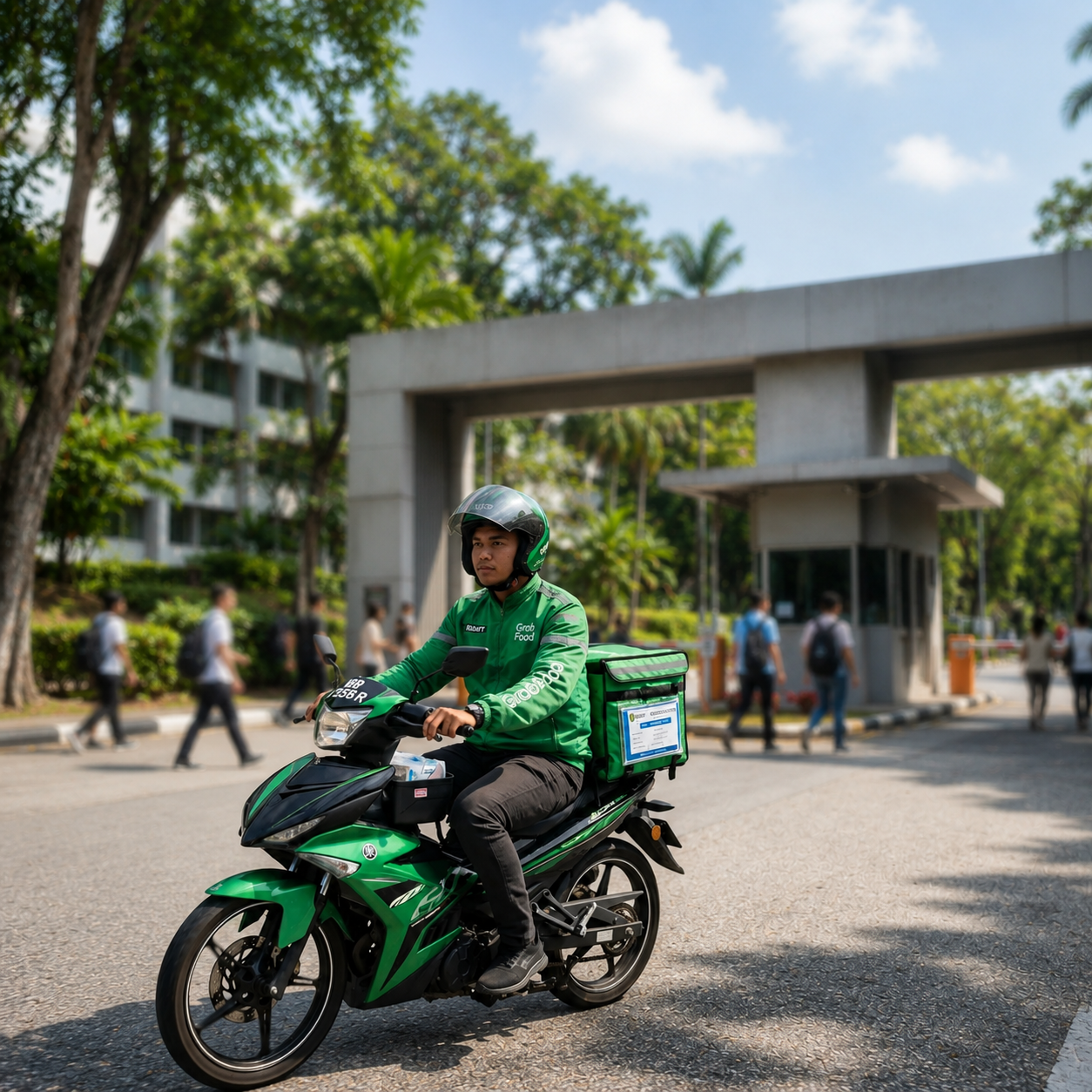 Delivery rider arriving at a Malaysian university campus with a medication package